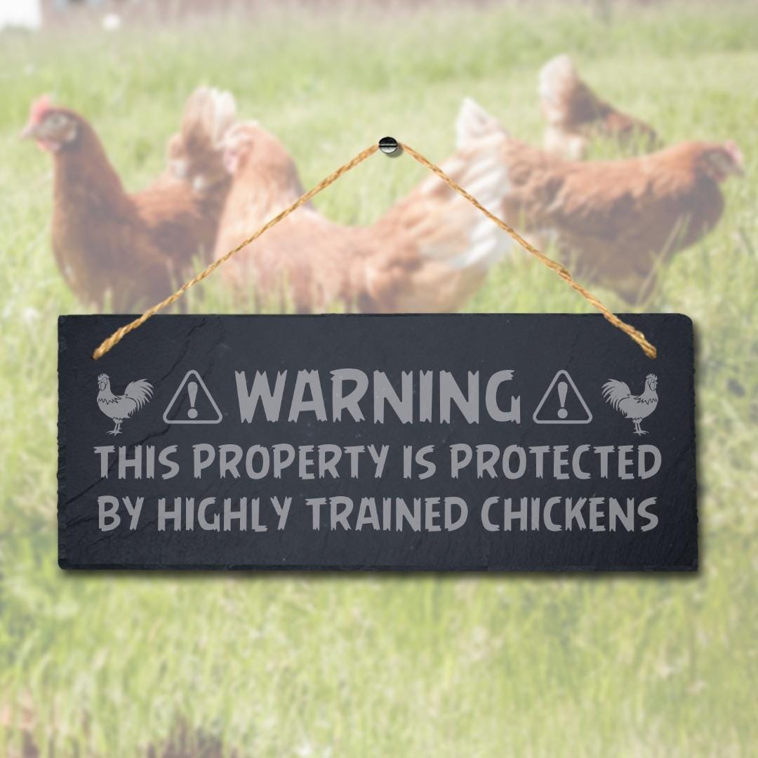 Warning Property Is Protected By Trained Chicken Hanging Slate Chick Plaque Sign