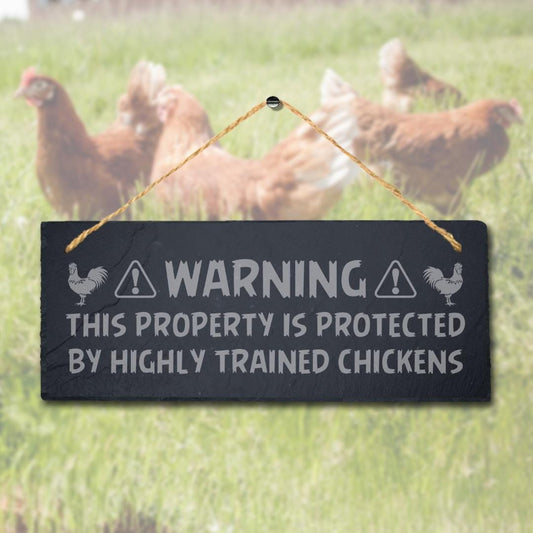 Warning Property Is Protected By Trained Chicken Hanging Slate Chick Plaque Sign