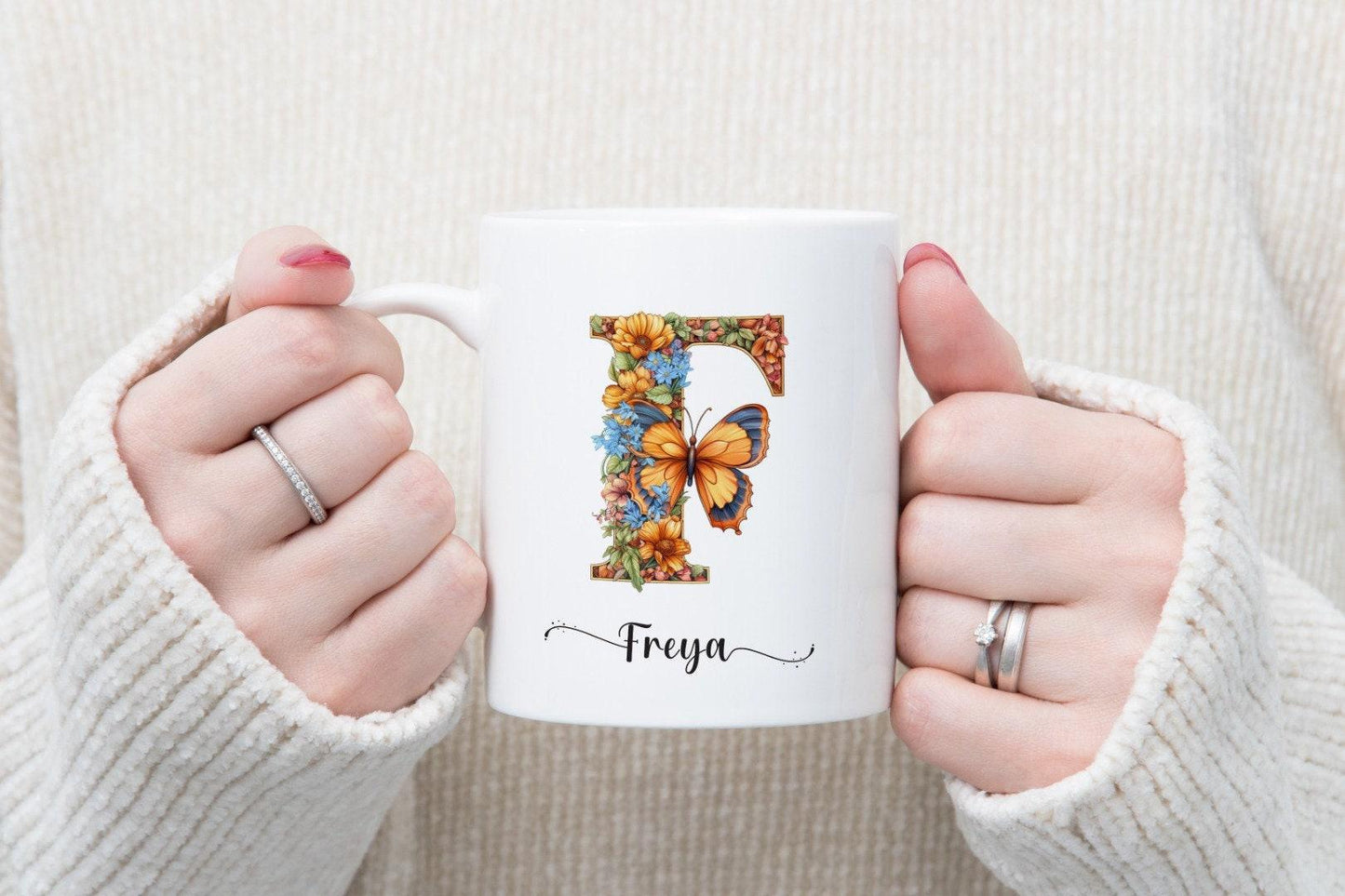 Personalised Floral Initial Mug & Coaster Set: Monogram Tea Cup Gift