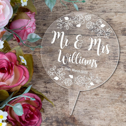 Personalised Engraved Mr & Mrs Wedding Cake Topper Circle Acrylic Decoration