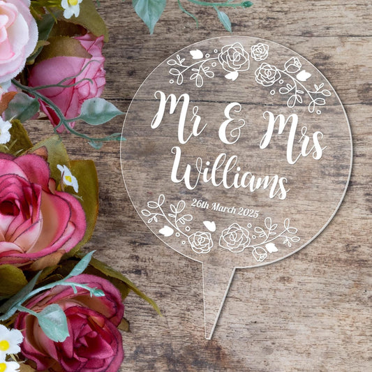 Personalised Engraved Mr & Mrs Wedding Cake Topper Circle Acrylic Decoration