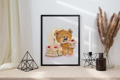 Cute Teddy Bear Birthday V2 Scandinavian Animal Wall Decor Art Poster Print