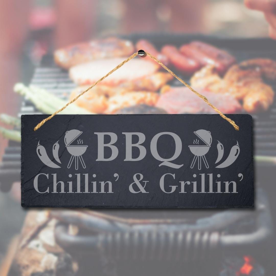 Bbq Chillin Grillin Laser Engraved Hanging Slate Party Home Decor Plaque Sign