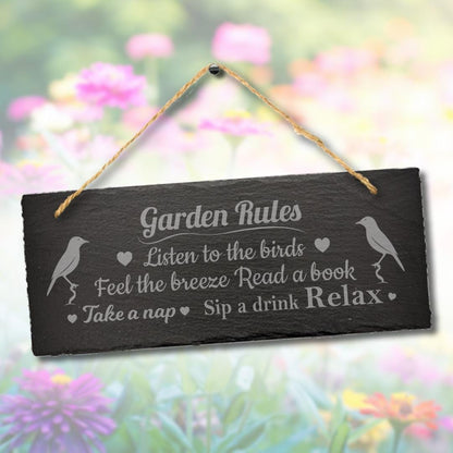 Garden Rules Listen The Birds Engraved Hanging Slate Gardening Gift Sign Plaque