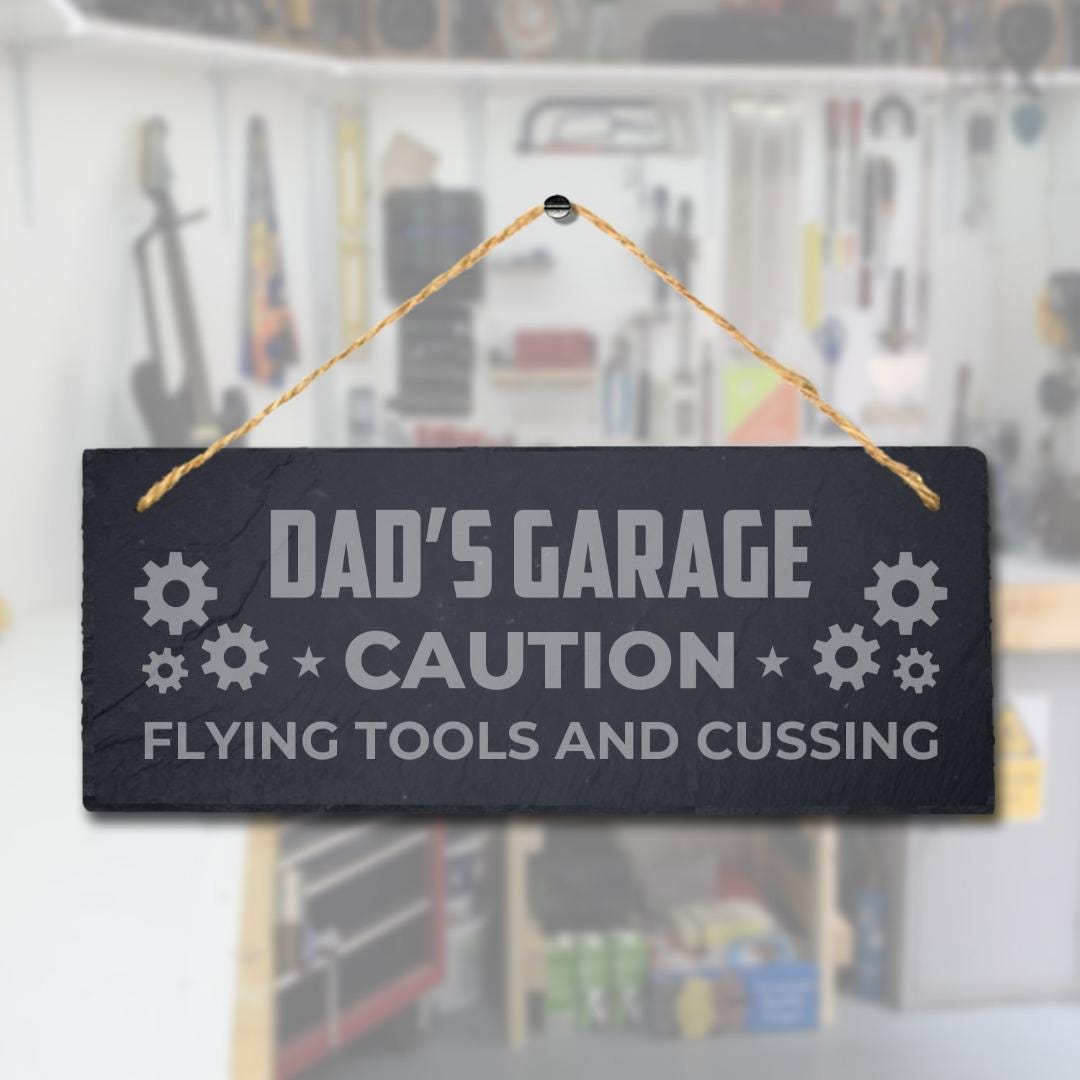 Dads Garage Caution Flying Tools Engraved Hanging Slate Workshop Shed Plaque Sign