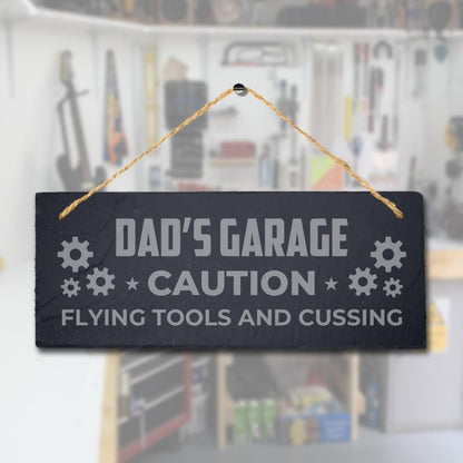 Dads Garage Caution Flying Tools Engraved Hanging Slate Workshop Shed Plaque Sign