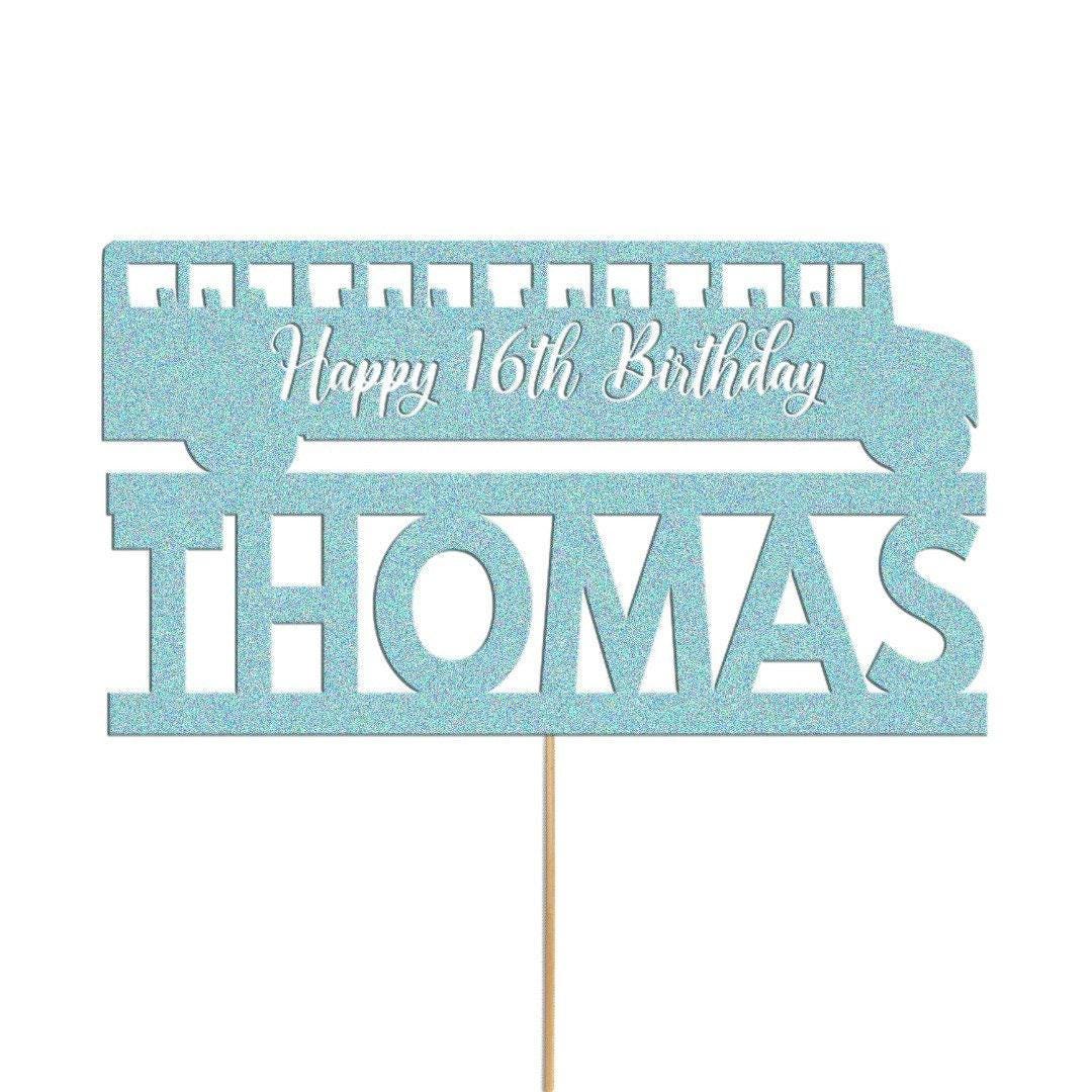Personalised Glitter Bus Cake Topper: Custom Name & Age