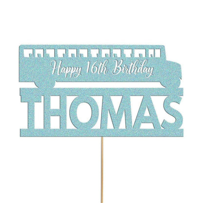 Personalised Glitter Bus Cake Topper: Custom Name & Age
