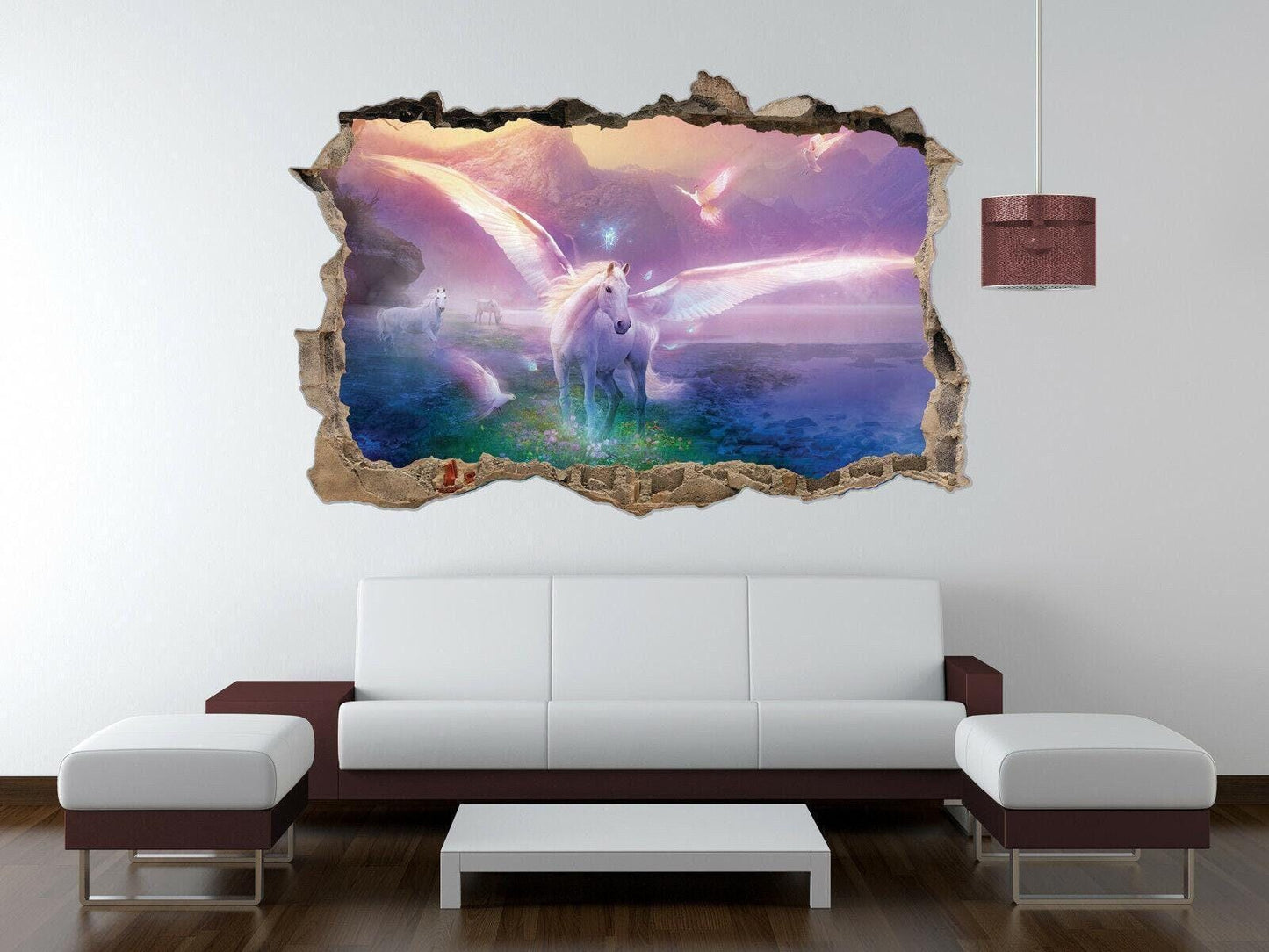 Unicorn Wall Sticker Fantasy Fairytale Pegasus Unicorn Wings 3D Crack View Girls Bedroom Poster Decal