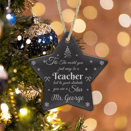 Personalised Star Hanging Christmas Tree Decoration Engraved Teacher Bauble Xmas Gift