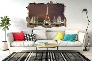 Eiffel Tower Paris Night View Wall Sticker: Cracked Window Effect