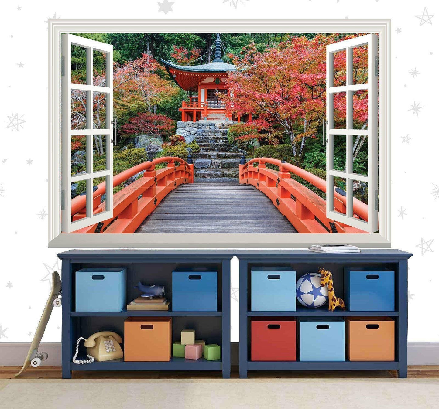Japanese Temple 3D Window View Wall Decal: Scenic Nature Walkway