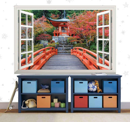 Japanese Temple 3D Window View Wall Decal: Scenic Nature Walkway