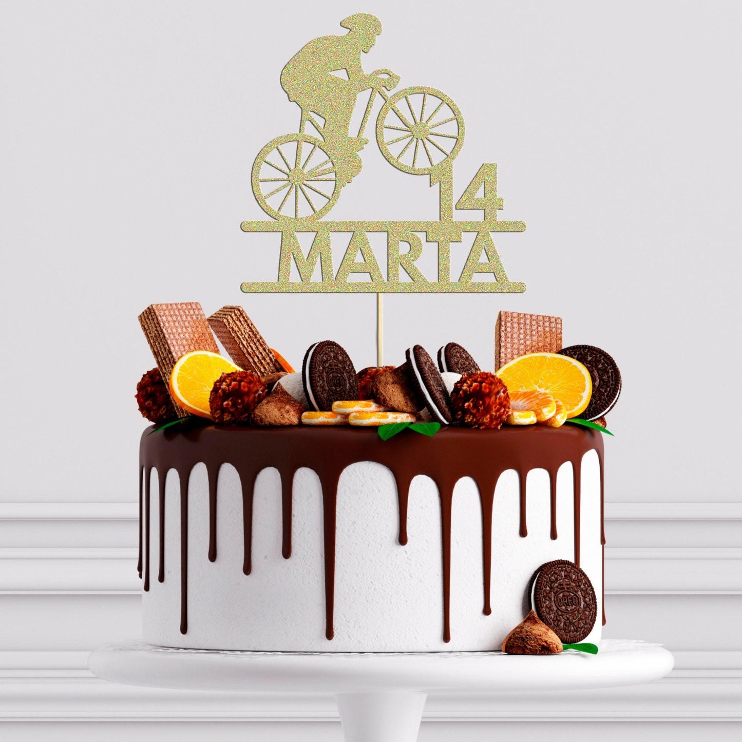 Personalised Bicycle Cake Topper: Glitter Cyclist Birthday Decoration