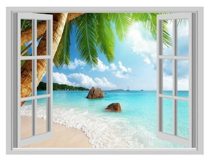 Beach View Wall Decal: 3D Window, Palm Tree Mural