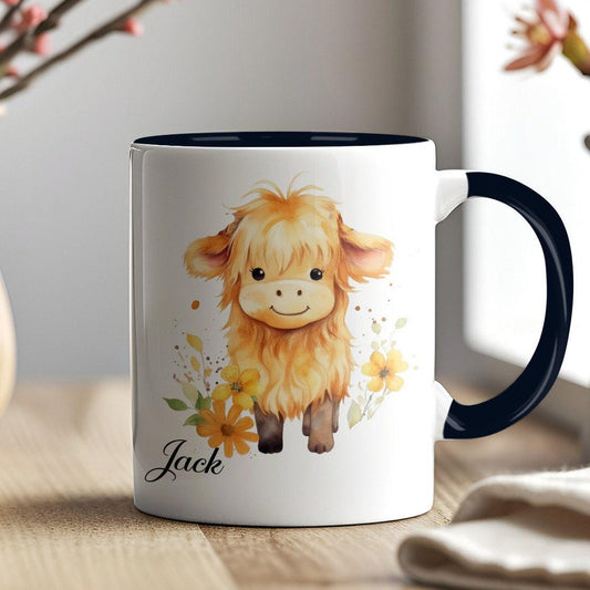 Custom Highland Cow Personalised Mug & Coaster Set Fluffy Cow Design Birthday Christmas Gifts