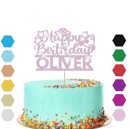 Personalised Glitter Outer Space Birthday Cake Topper: Alien UFO Theme Party Decoration