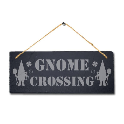 Gnomes Crossing Laser Engraved Hanging Slate Garden Home Decor Plaque Sign