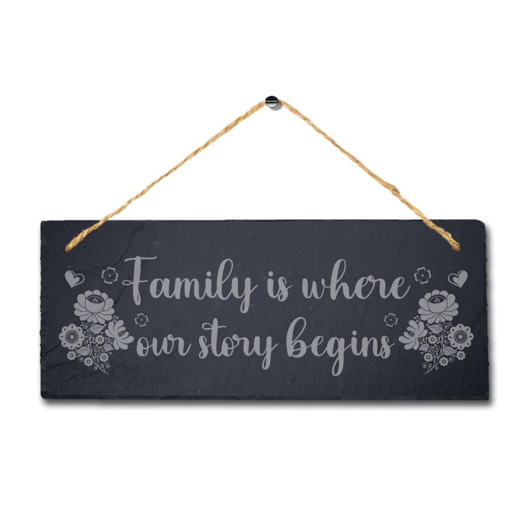 Family Where Our Story Begin Laser Engraved Hanging Slate Home Decor Plaque Sign