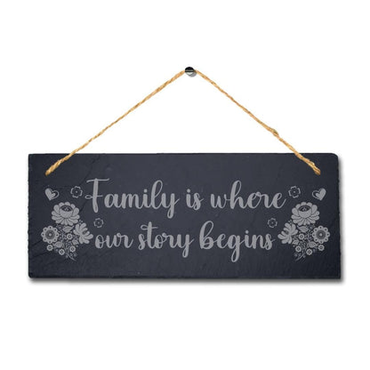 Family Where Our Story Begin Laser Engraved Hanging Slate Home Decor Plaque Sign