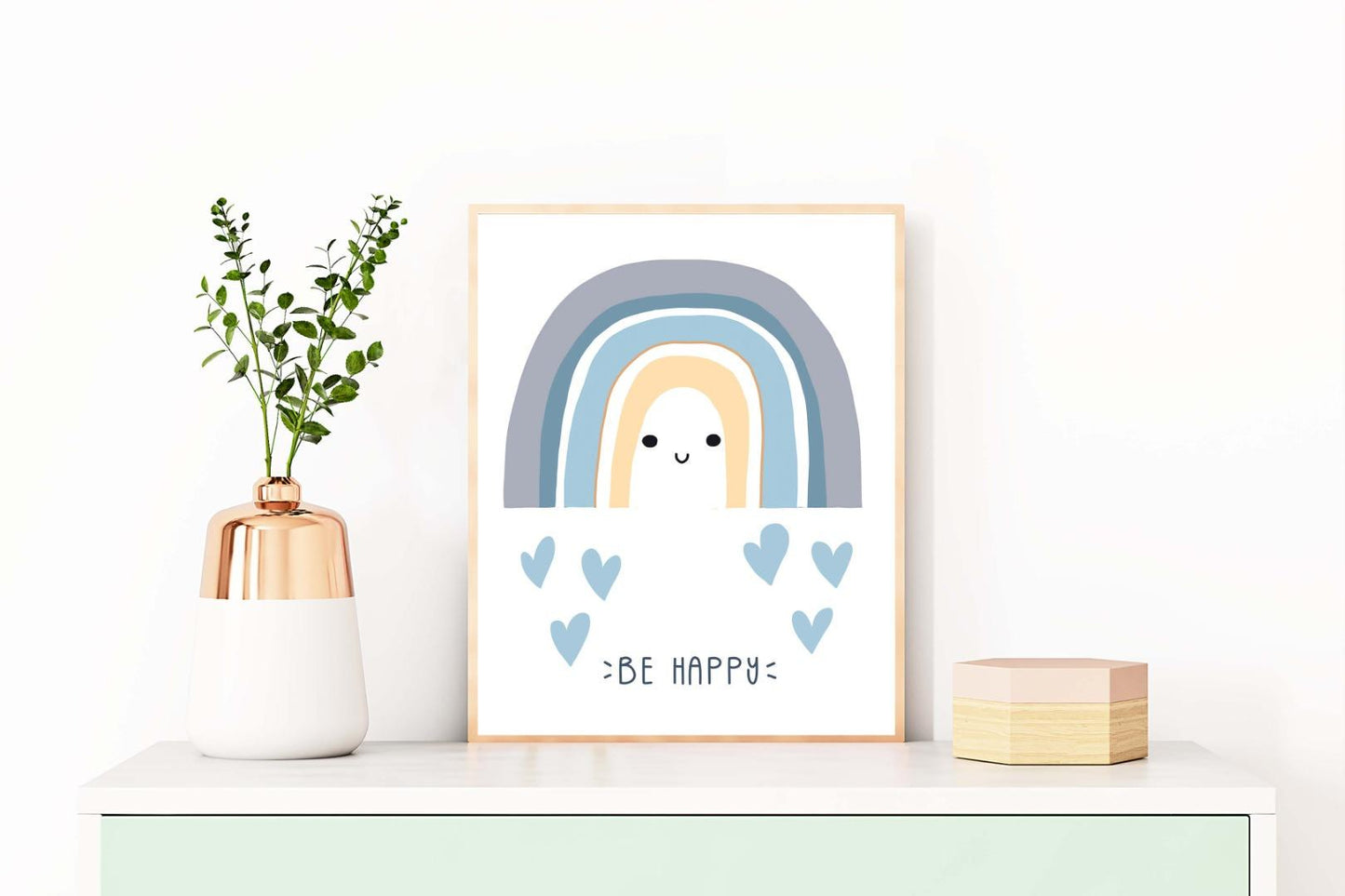 Be Happy Boy Boho Watercolour Hand Painted Effect Rainbow Nursery Wall Poster