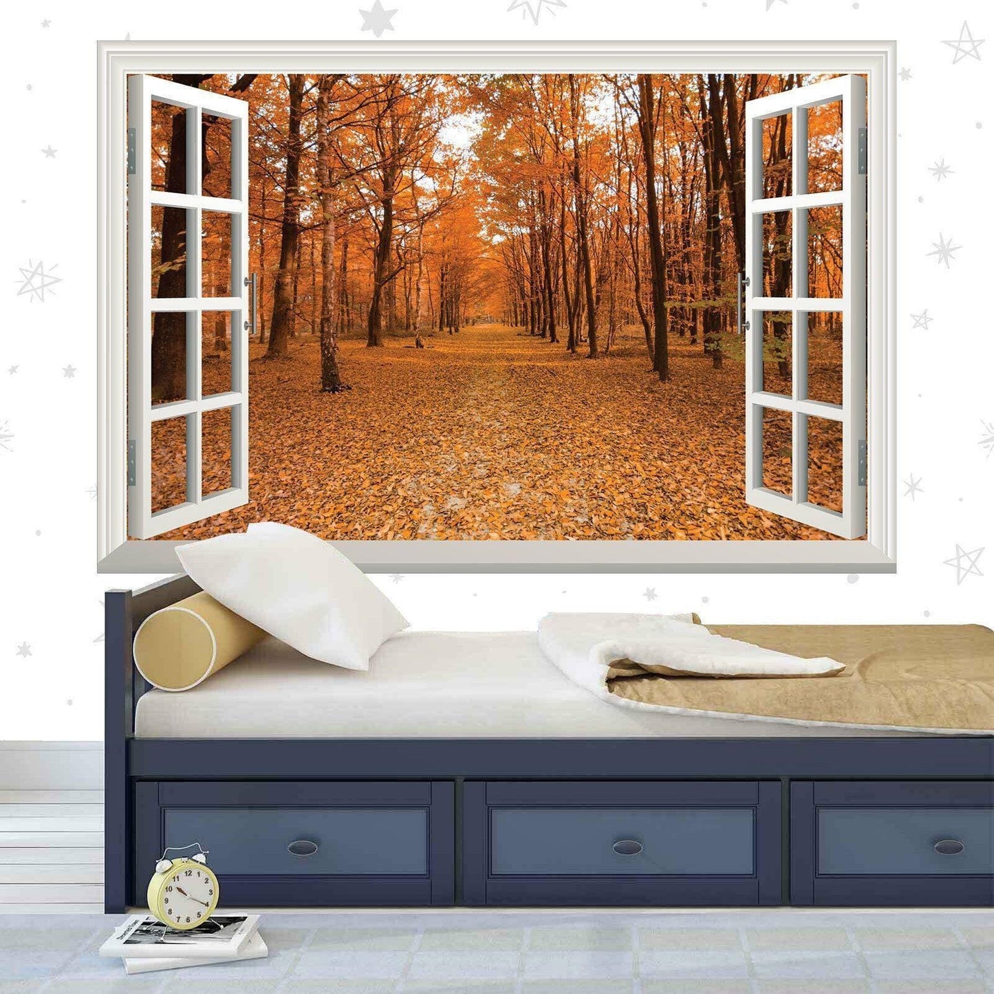 Autumn Wall Sticker Trees Orange Forest 3d Window View Wall Decal Office Vinyl Mural