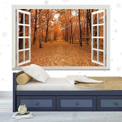Autumn Wall Sticker Trees Orange Forest 3d Window View Wall Decal Office Vinyl Mural