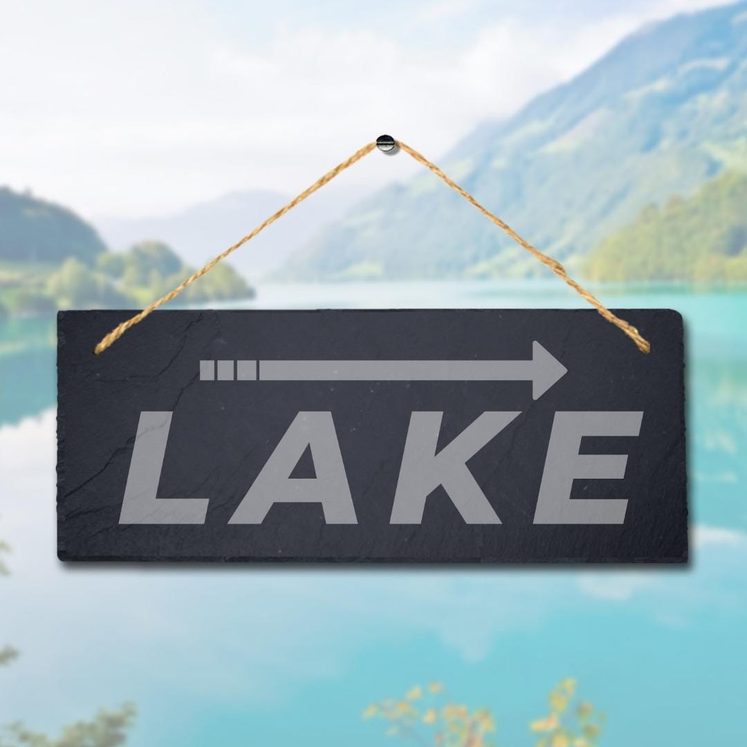 Lake Left Way Arrow Direction Engraved Hanging Slate Pond Puddle Plaque Sign