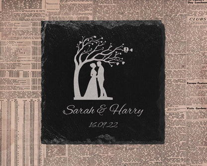 Personalised Wedding Slate Coaster: Laser Engraved Couple Gift