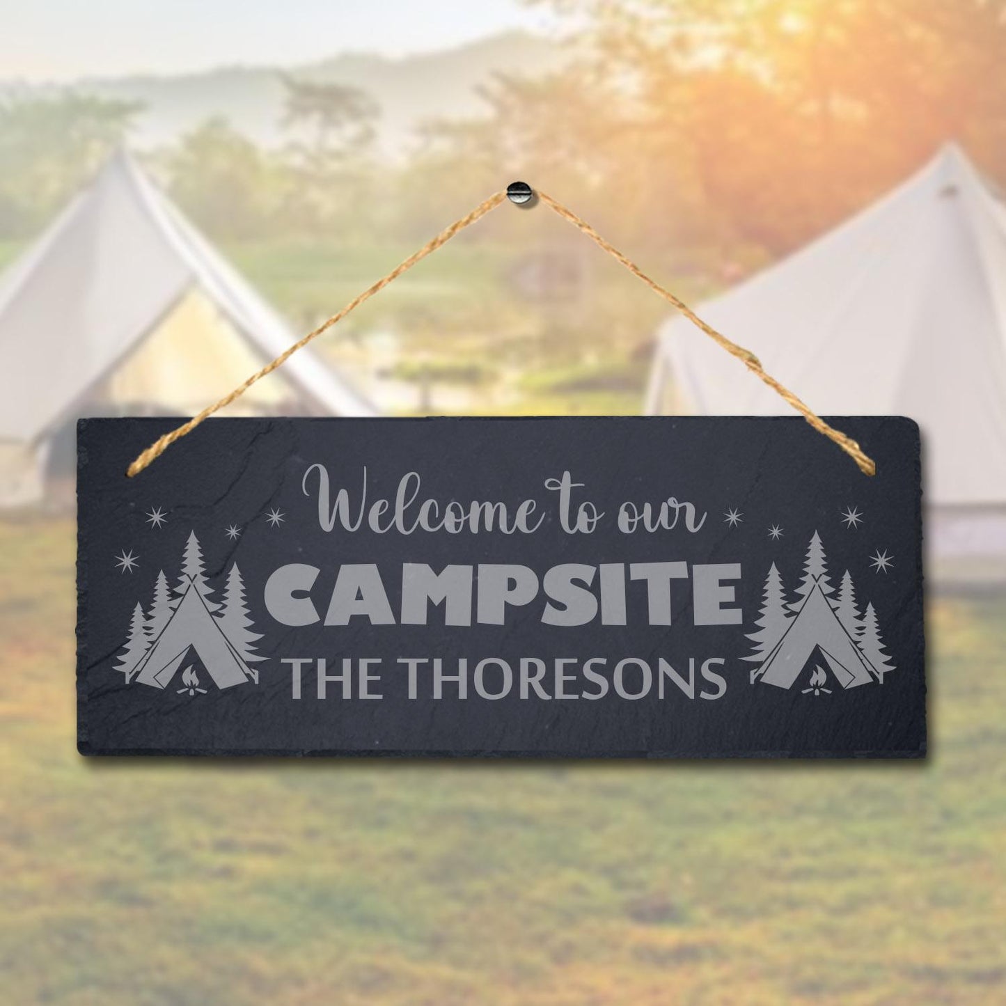 Our Campsite Thoresons Laser Engraved Hanging Slate Camping Fun Gift Plaque Sign