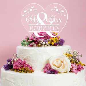 Personalised Name Wedding Cake Topper Mr & Mrs Heart Decoration Engraved Acrylic