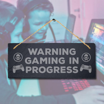 Warning Gaming In Progress Laser Engraved Hanging Slate Gamer Room Plaque Sign