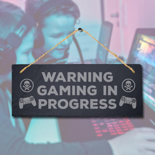 Warning Gaming In Progress Laser Engraved Hanging Slate Gamer Room Plaque Sign