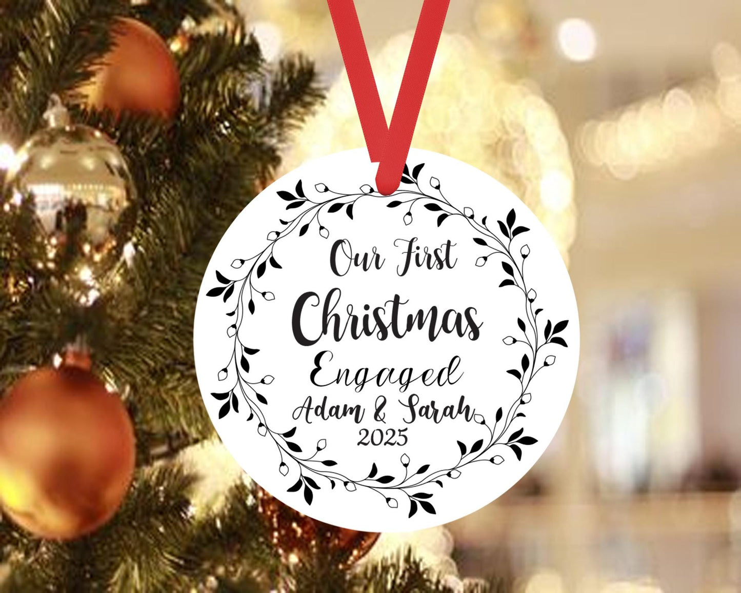 Our First Christmas As Engaged Bauble Personalised Name Ceramic Ornament Gift
