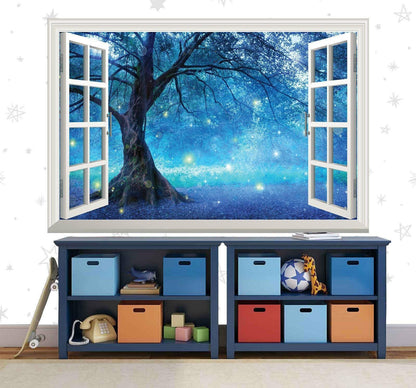 Blue Fairy Tree Wall Decal: 3D Window View, Forest Mural