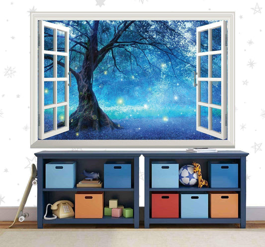 Blue Fairy Tree Wall Decal: 3D Window View, Forest Mural