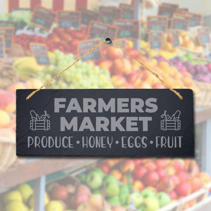 Farmers Market Hanging Slate Sign Engraved Plaque Eggs Fruit Food Lovers Gift