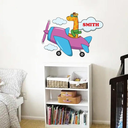 Personalised Giraffe Aeroplane Wall Sticker Name Vinyl Decal Boys Kids Nursery Bedroom