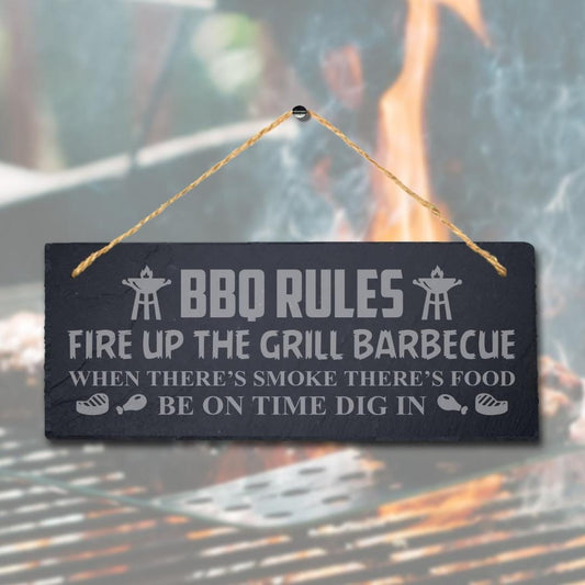 Bbq Rules Fire Up Grill Laser Engraved Hanging Slate Chicken Grilled Plaque Sign