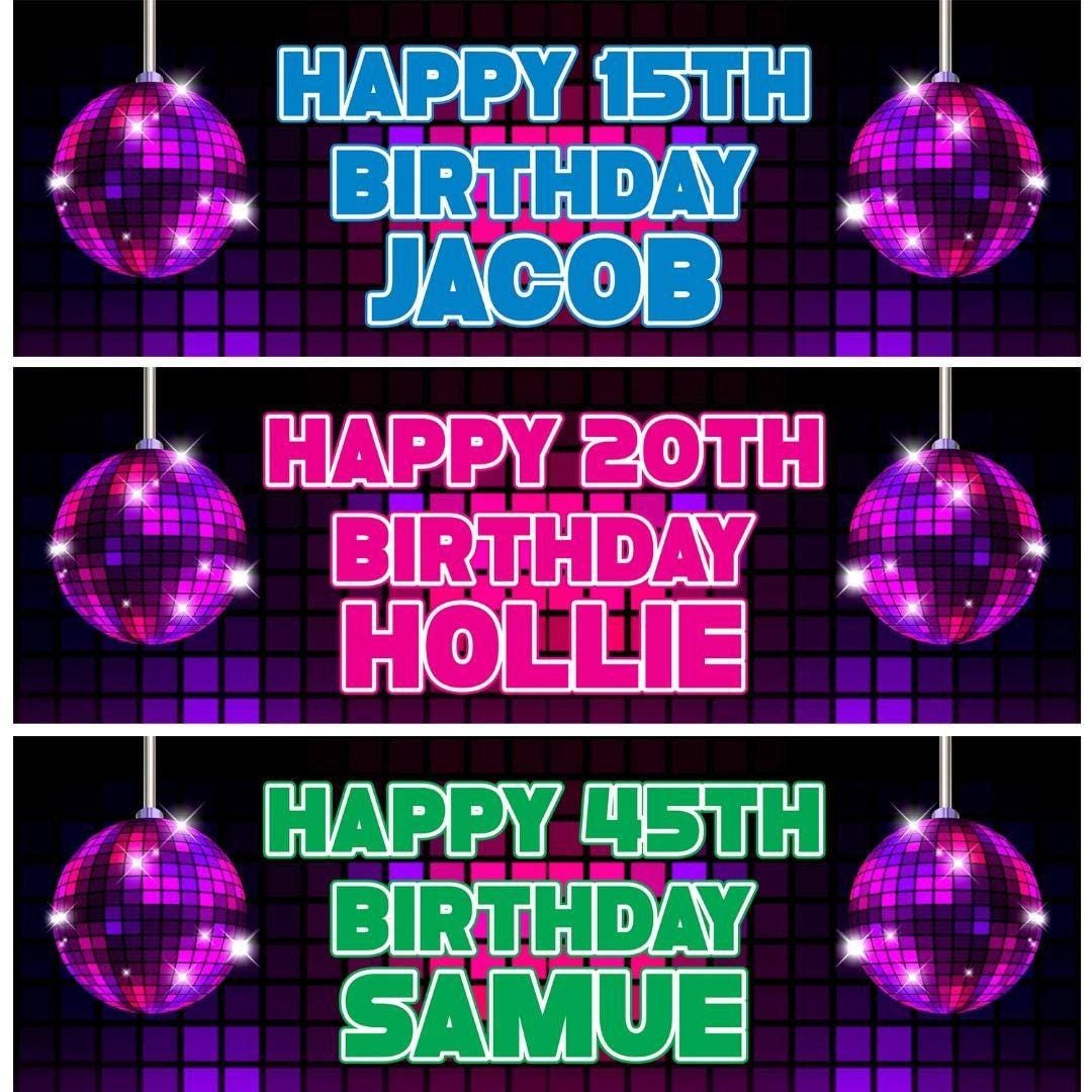 2 Personalised Disco Globe Birthday Party Celebration Banners Decoration Poster