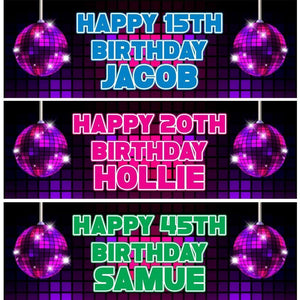 2 Personalised Disco Globe Birthday Party Celebration Banners Decoration Poster