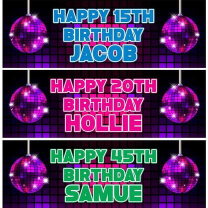 2 Personalised Disco Globe Birthday Party Celebration Banners Decoration Poster