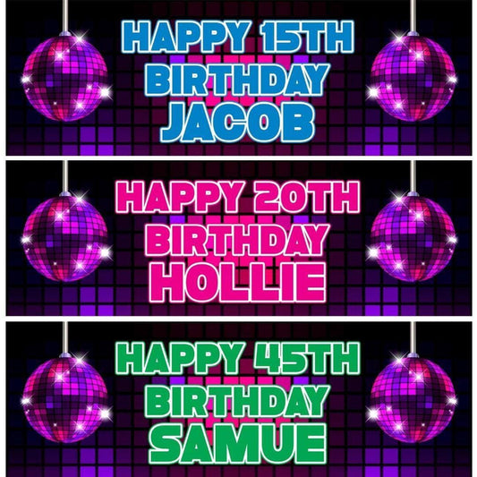 2 Personalised Disco Globe Birthday Party Celebration Banners Decoration Poster