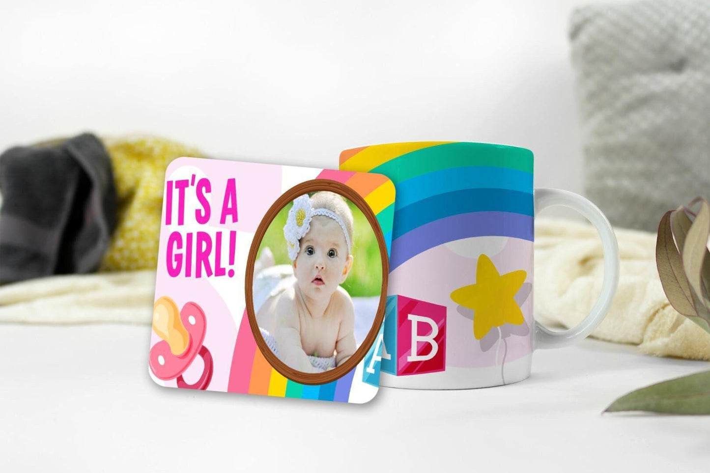 Its A Girl Personalised Photo Mug Coaster Gift Set New Born Baby Keepsake Gift