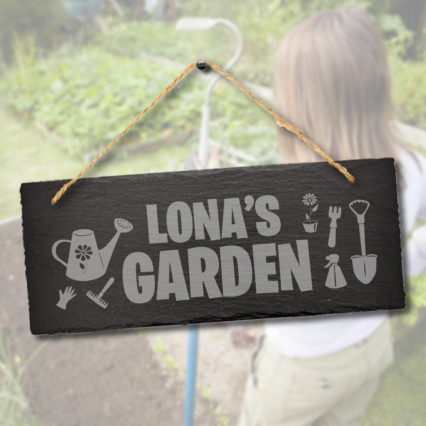 Personalised Garden Engraved Hanging Slate Gardening Gift Outdoor Plaque Sign