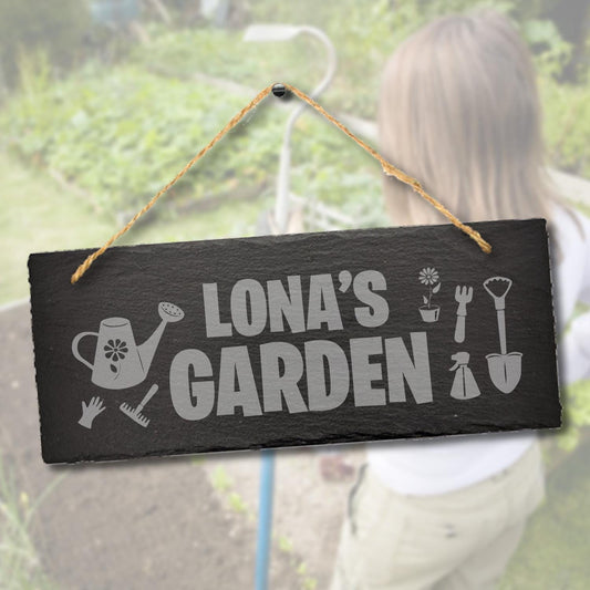 Personalised Garden Engraved Hanging Slate Gardening Gift Outdoor Plaque Sign