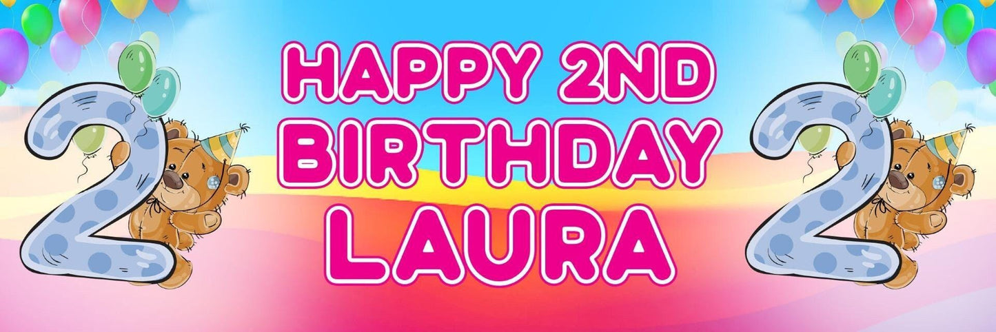 2 Personalised 2nd Birthday Bear Balloons Celebration Banners Decoration Posters