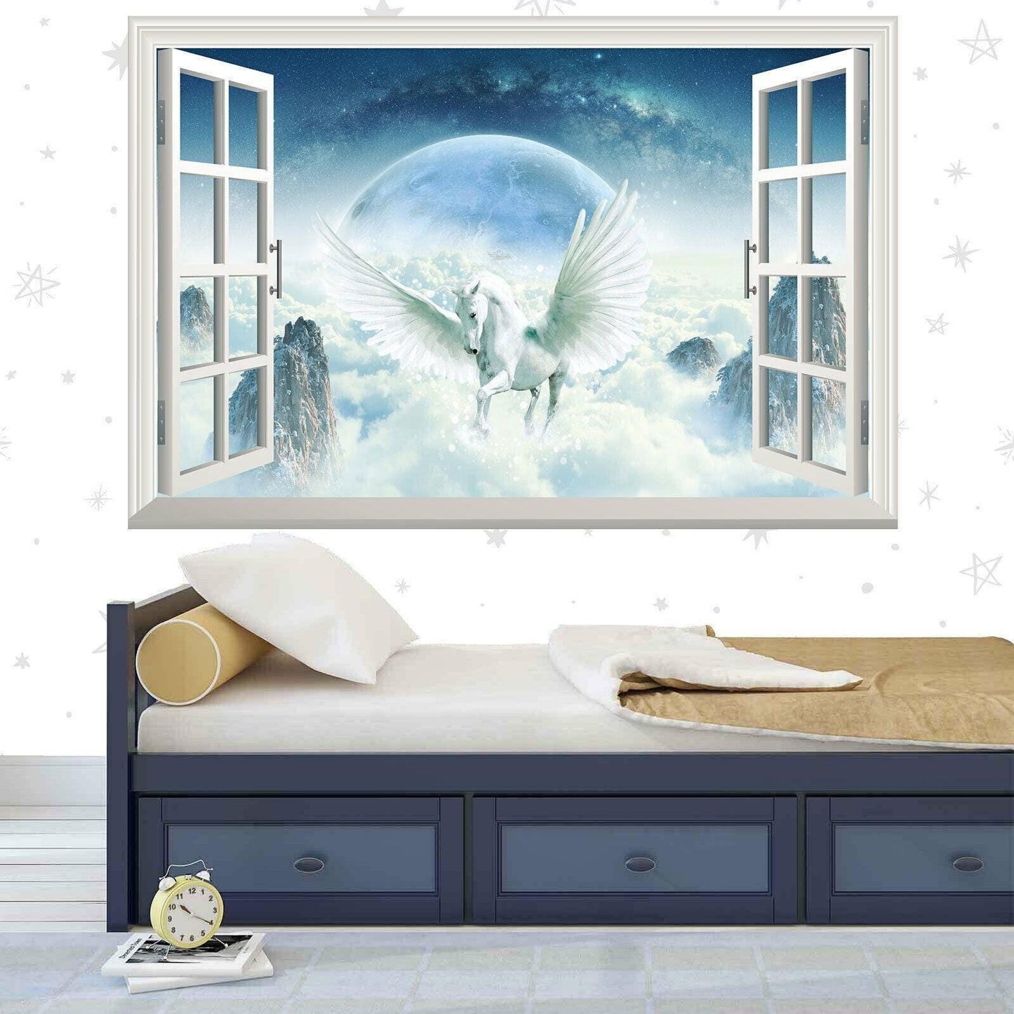 Unicorn Window View Wall Decal: Winged Pony Mural for Girls Room