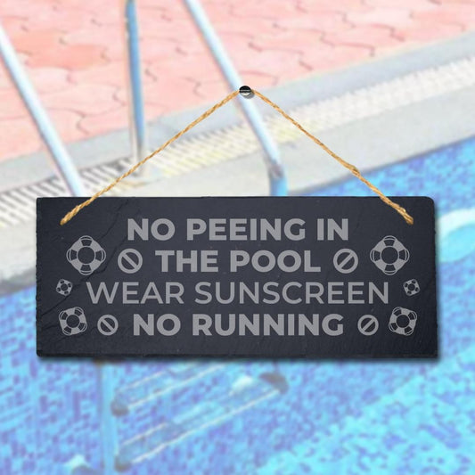 No Peeing In Pool Wear Sunscreen Engraved Hanging Slate Pool Pond Plaque Sign