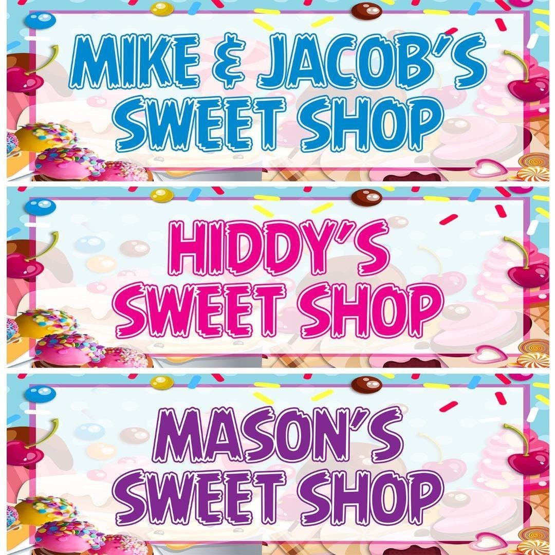 2 Personalised Sweet Shop Birthday Party Celebration Banners Decoration Posters
